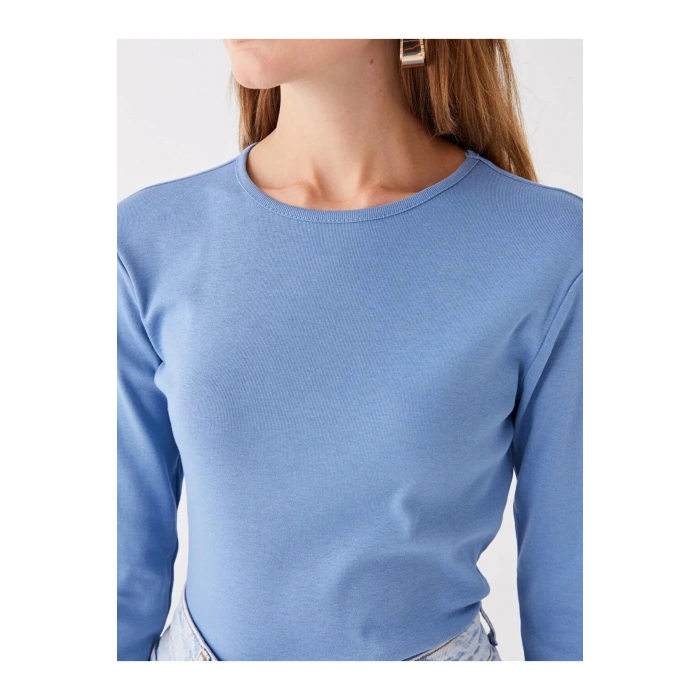 LCWAIKIKI Basic Mavi Bisiklet Yaka Düz Uzun Kollu Kadın Tişört