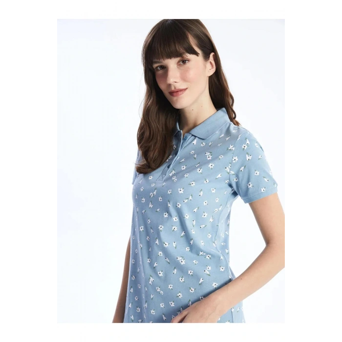 LCWAIKIKI Basic Mavi Polo Yaka Desenli Kısa Kollu Kadın Tişört
