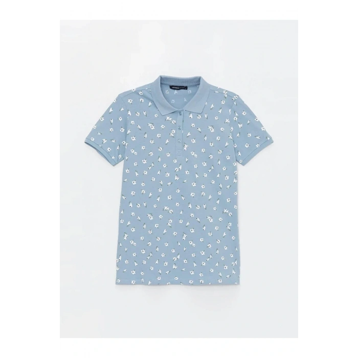 LCWAIKIKI Basic Mavi Polo Yaka Desenli Kısa Kollu Kadın Tişört