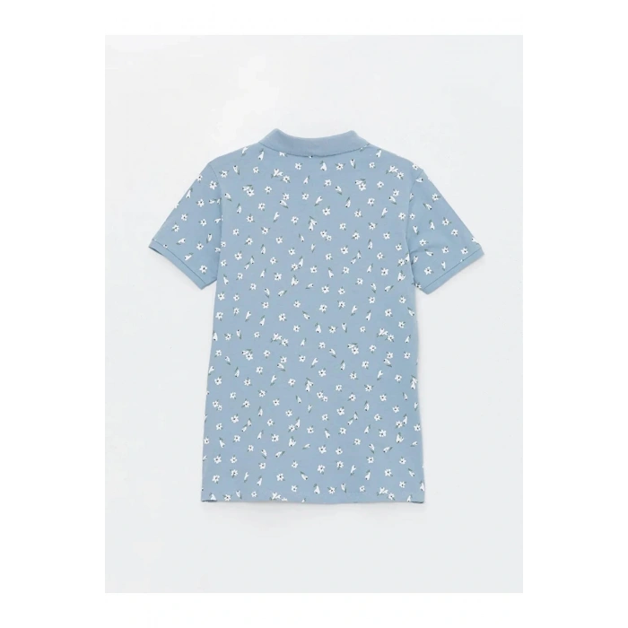 LCWAIKIKI Basic Mavi Polo Yaka Desenli Kısa Kollu Kadın Tişört