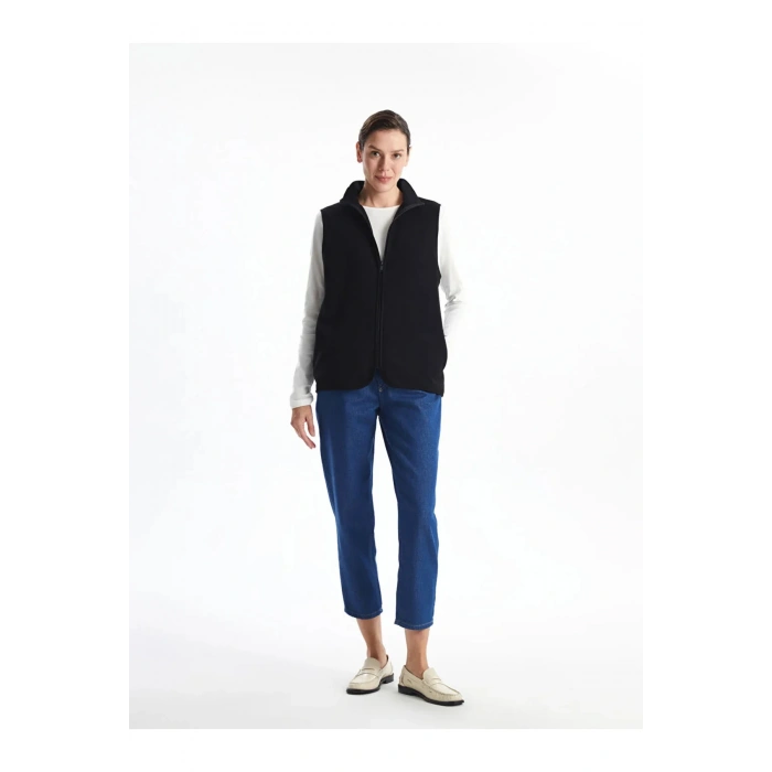 LCWAIKIKI Basic Siyah Kadın Dik Yaka Düz Polar Yelek