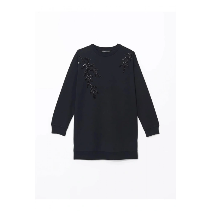 LCWAIKIKI Basic Siyah Bisiklet Yaka Pul İşlemeli Oversize Kadın Sweatshirt Tunik