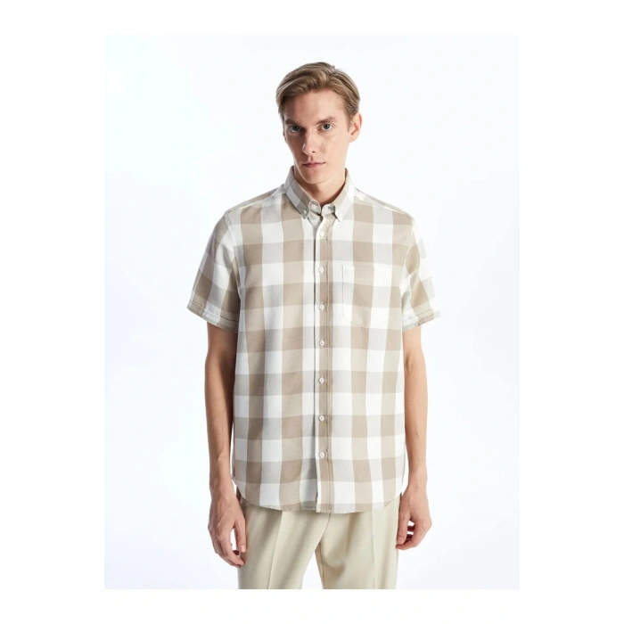 LCWAIKIKI Classic Bej Regular Fit Kısa Kollu Ekose Armürlü Erkek Gömlek