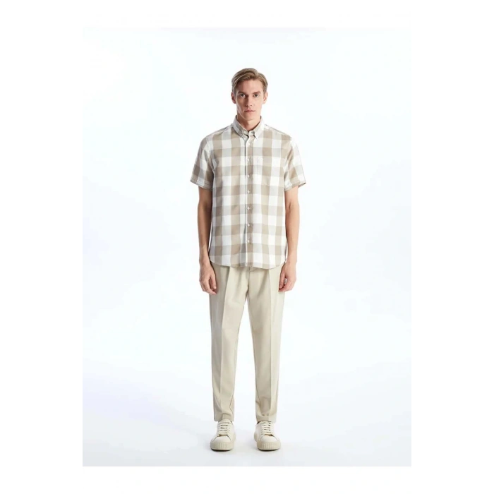 LCWAIKIKI Classic Bej Regular Fit Kısa Kollu Ekose Armürlü Erkek Gömlek