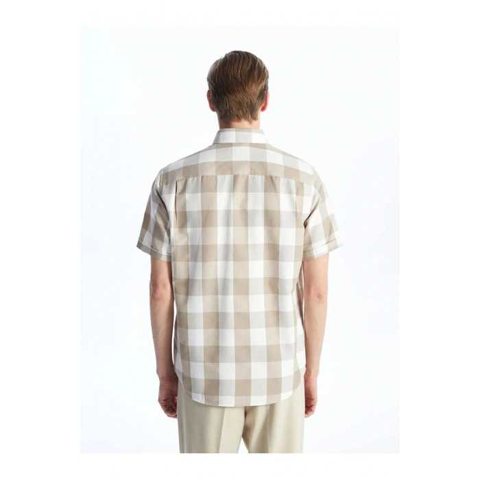LCWAIKIKI Classic Bej Regular Fit Kısa Kollu Ekose Armürlü Erkek Gömlek