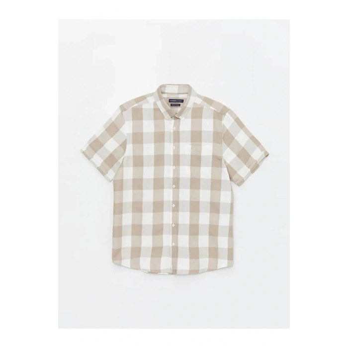 LCWAIKIKI Classic Bej Regular Fit Kısa Kollu Ekose Armürlü Erkek Gömlek
