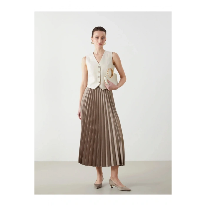 LCWAIKIKI Classic  Beli Lastikli Saten Kadın Pileli Etek