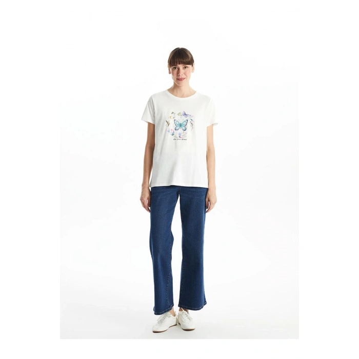 LCWAIKIKI Classic Bisiklet Yaka Baskılı Kadın Tişört