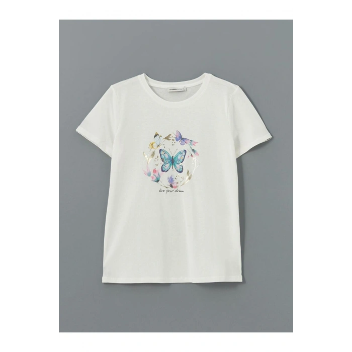 LCWAIKIKI Classic Bisiklet Yaka Baskılı Kadın Tişört