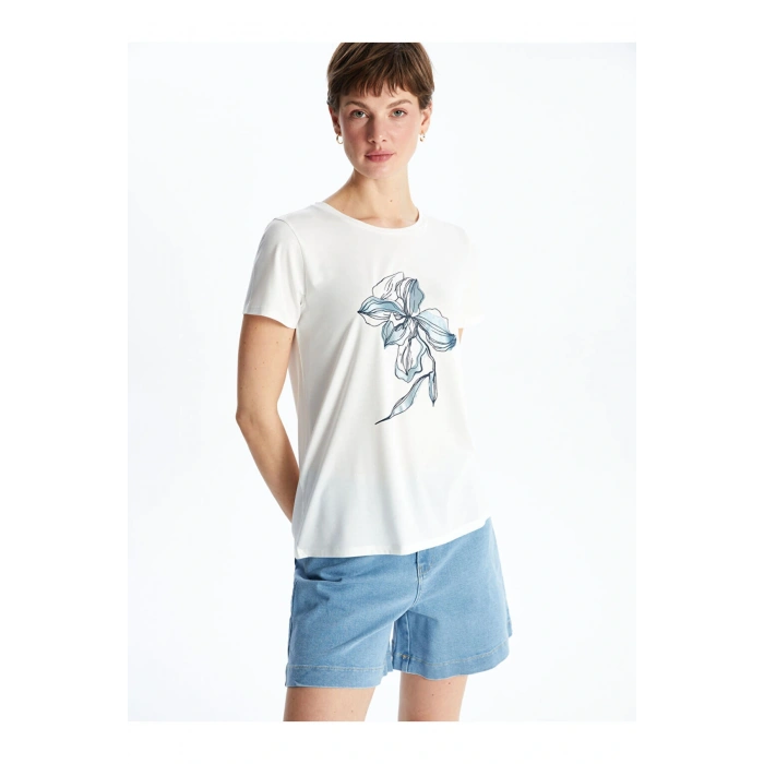 LCWAIKIKI Classic Ekru Bisiklet Yaka Çiçekli Kadın Tişört