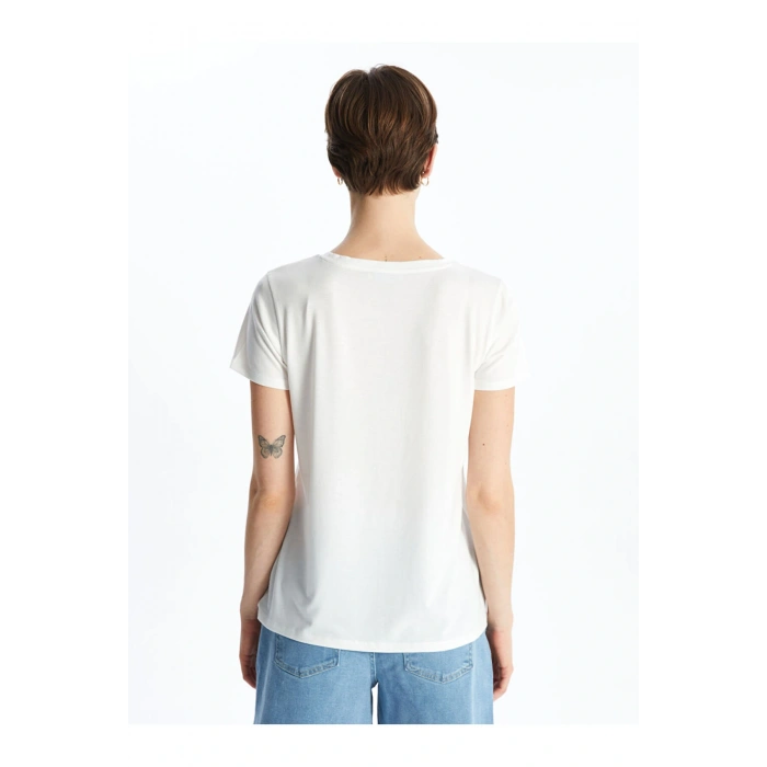 LCWAIKIKI Classic Ekru Bisiklet Yaka Çiçekli Kadın Tişört