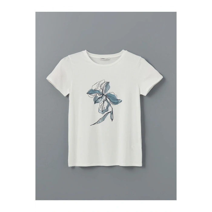 LCWAIKIKI Classic Ekru Bisiklet Yaka Çiçekli Kadın Tişört