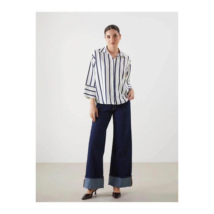 LCWAIKIKI Classic Indigo Çizgili Oversize Kadın Gömlek