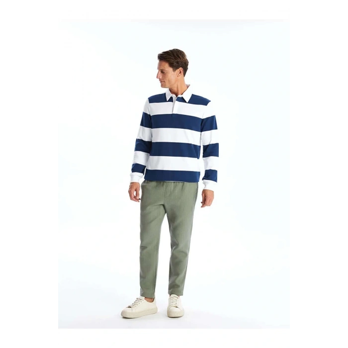 Lcwaikiki Classic İndigo Polo Yaka Uzun Kollu Çizgili Erkek Sweatshirt