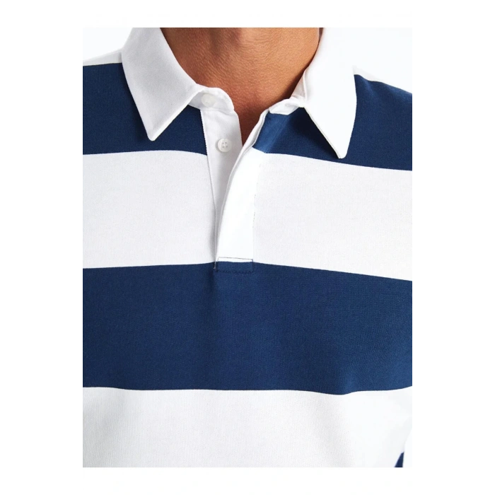 Lcwaikiki Classic İndigo Polo Yaka Uzun Kollu Çizgili Erkek Sweatshirt