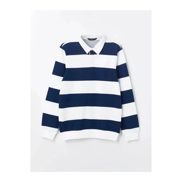 Lcwaikiki Classic İndigo Polo Yaka Uzun Kollu Çizgili Erkek Sweatshirt