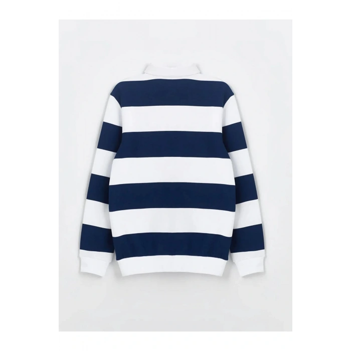 Lcwaikiki Classic İndigo Polo Yaka Uzun Kollu Çizgili Erkek Sweatshirt