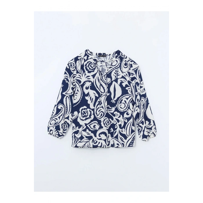 LCWAIKIKI Classic Mavi Bağlamalı Yaka Desenli Kadın Bluz