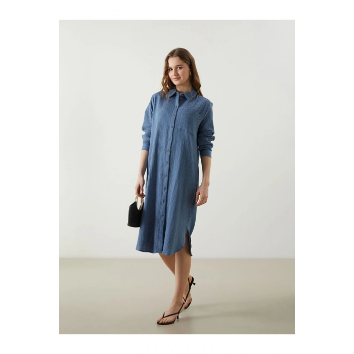 LCWAIKIKI Classic Mavi Dokulu Kadın Gömlek Elbise