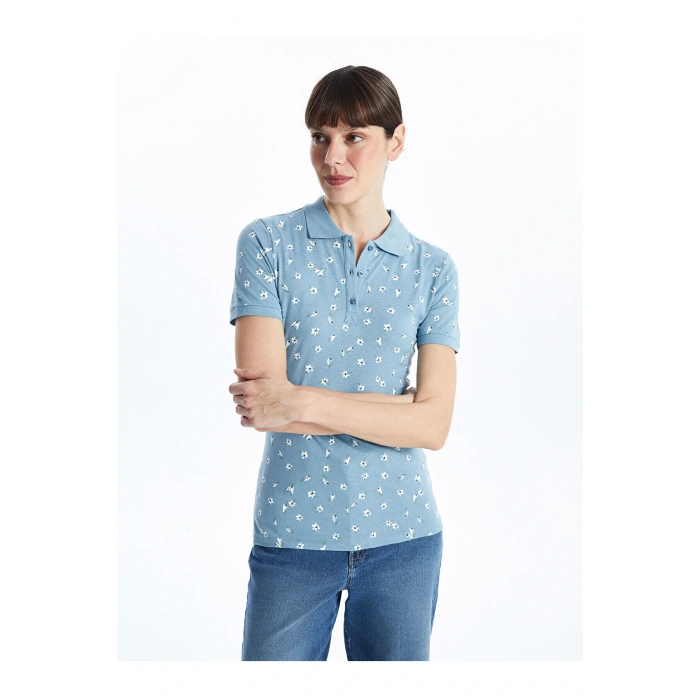LCWAIKIKI Classic Mavi Polo Yaka Desenli Kadın Tişört