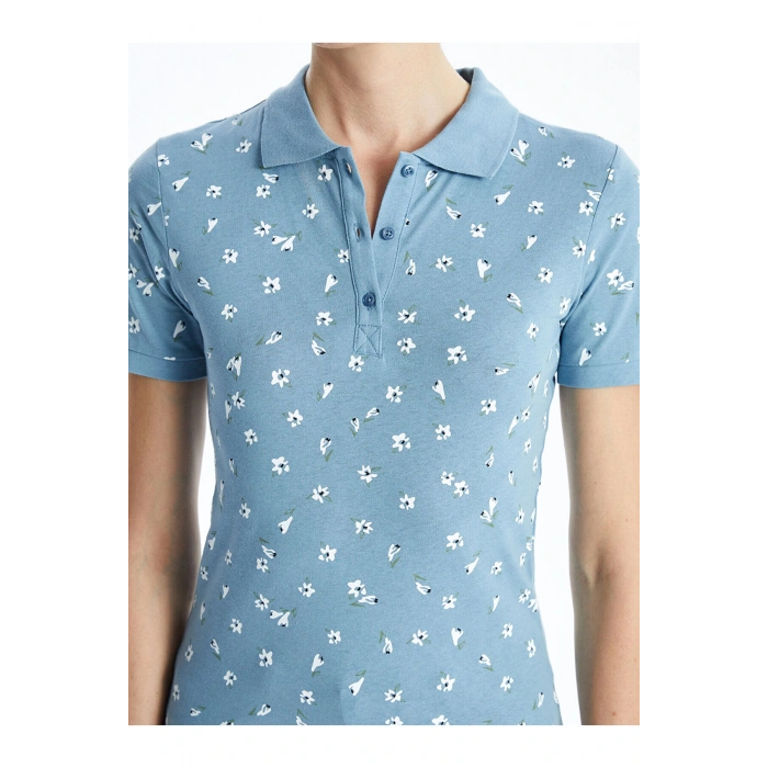 LCWAIKIKI Classic Mavi Polo Yaka Desenli Kadın Tişört
