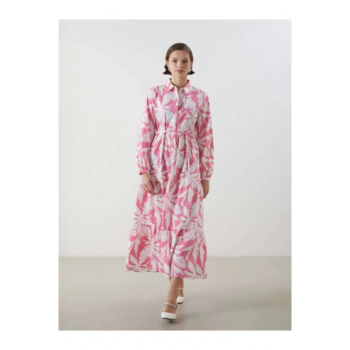 LCWAIKIKI Classic Pembe Gömlek Yaka Desenli Poplin Elbise