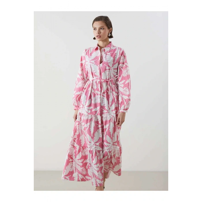 LCWAIKIKI Classic Pembe Gömlek Yaka Desenli Poplin Elbise