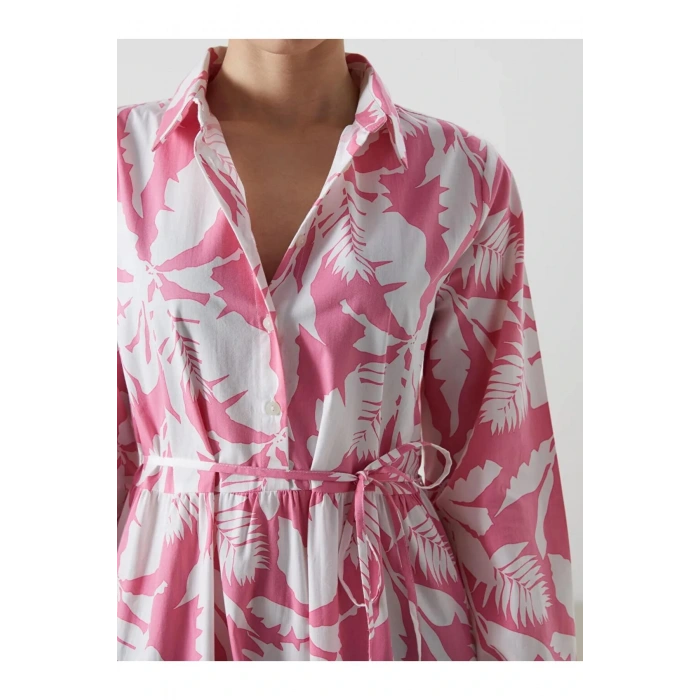 LCWAIKIKI Classic Pembe Gömlek Yaka Desenli Poplin Elbise