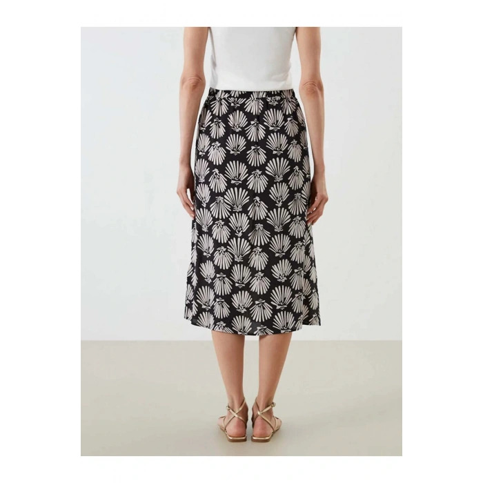 LCWAIKIKI Classic Siyah Beli Lastikli Desenli Yırtmaçlı Etek