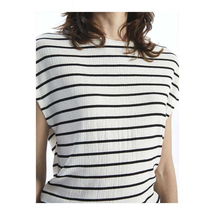 LCWAIKIKI Classic Siyah Çizgili  Bisiklet Yaka Çizgili Kadın Tişört