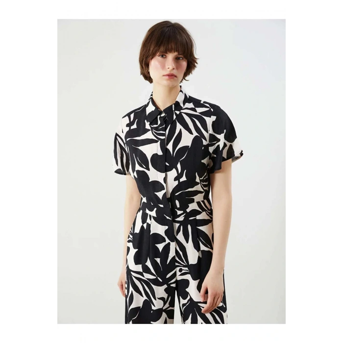 LCWAIKIKI Classic Siyah Gömlek Yaka Çiçekli Kadın Tulum