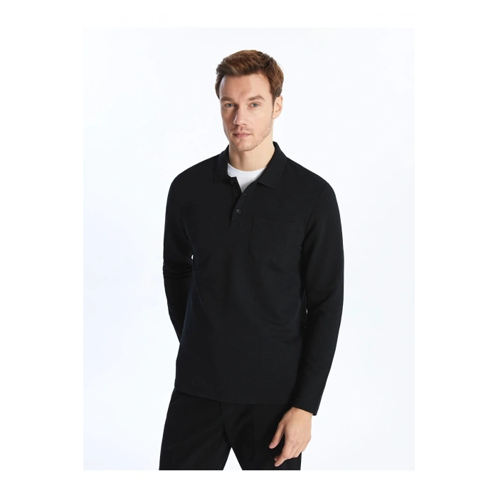 LCWAIKIKI Classic SİYAH Polo Yaka Uzun Kollu Erkek Sweatshirt