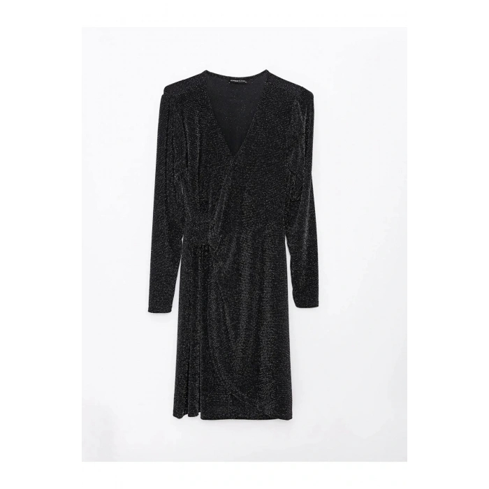 LCWAIKIKI Classic Siyah V Yaka Parlak Görünümlü Uzun Kollu Kadın Elbise