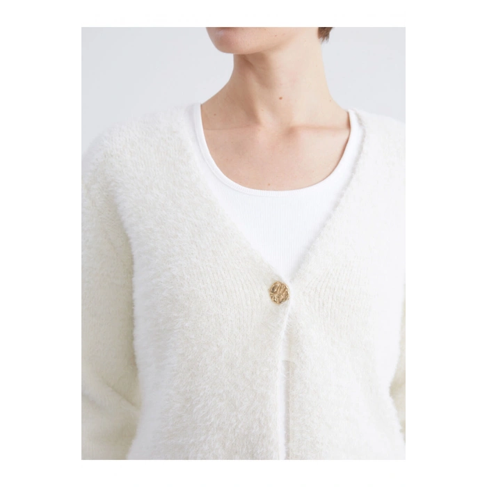 LCWAIKIKI ClassicEkru V Yaka Kadın Pelüş Triko Hırka