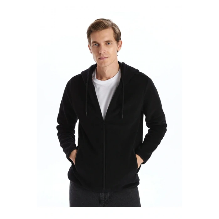 LCWAIKIKI ClassicSiyah Kapüşonlu Uzun Kollu Erkek Fermuarlı Sweatshirt