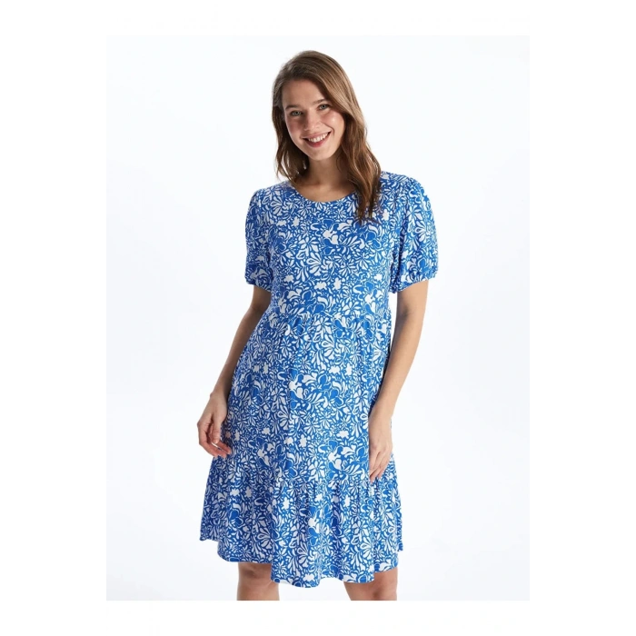 LCWAIKIKI Maternity Mavi Bisiklet Yaka Çiçekli Kısa Kollu Hamile Elbise