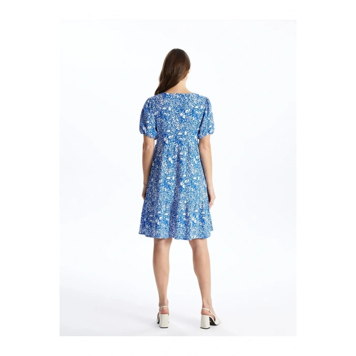 LCWAIKIKI Maternity Mavi Bisiklet Yaka Çiçekli Kısa Kollu Hamile Elbise