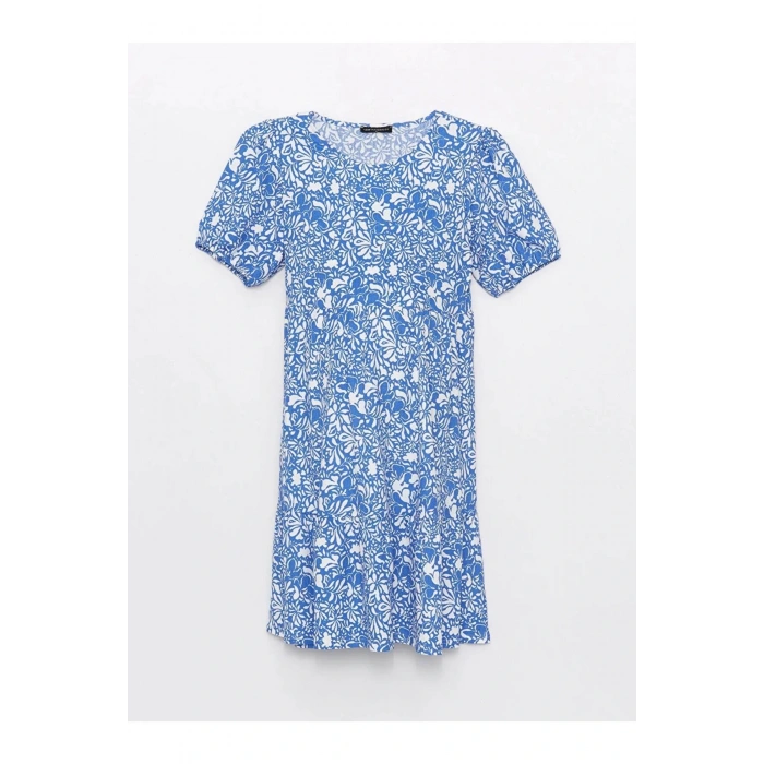 LCWAIKIKI Maternity Mavi Bisiklet Yaka Çiçekli Kısa Kollu Hamile Elbise