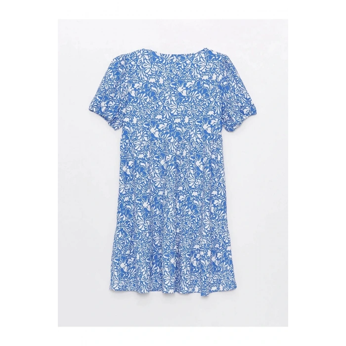 LCWAIKIKI Maternity Mavi Bisiklet Yaka Çiçekli Kısa Kollu Hamile Elbise