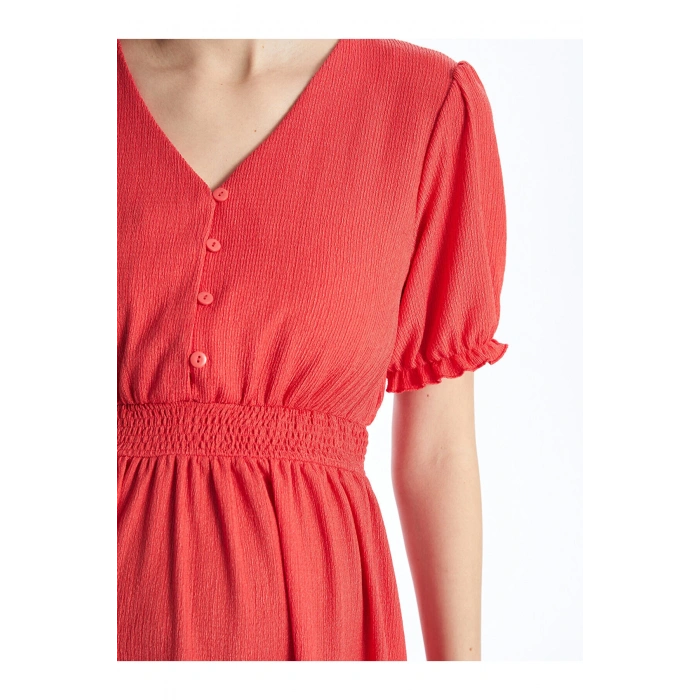 LCWAIKIKI Maternity Mercan V Yaka Düz Kısa Kollu Krinkle Hamile Elbise