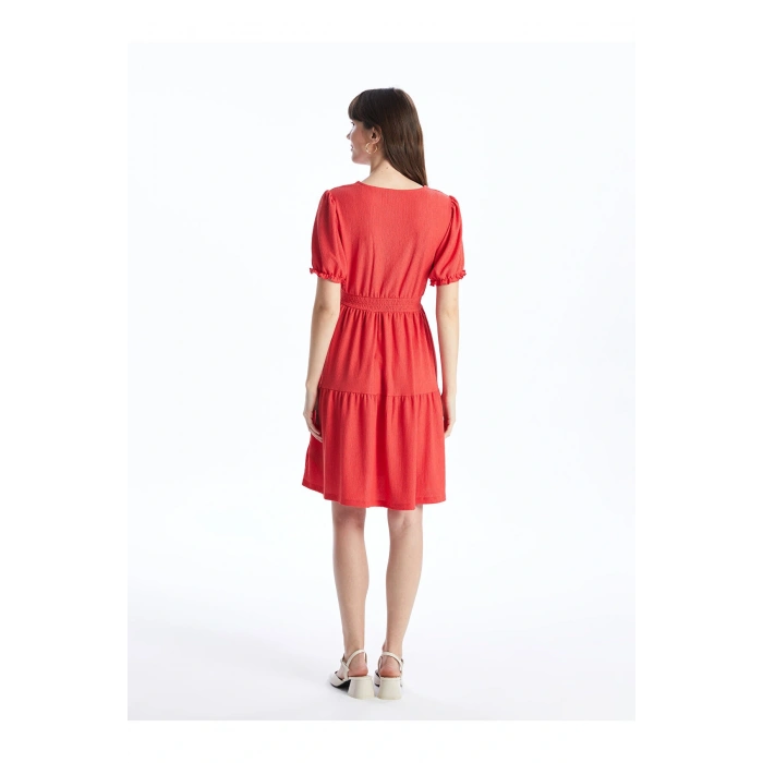 LCWAIKIKI Maternity Mercan V Yaka Düz Kısa Kollu Krinkle Hamile Elbise