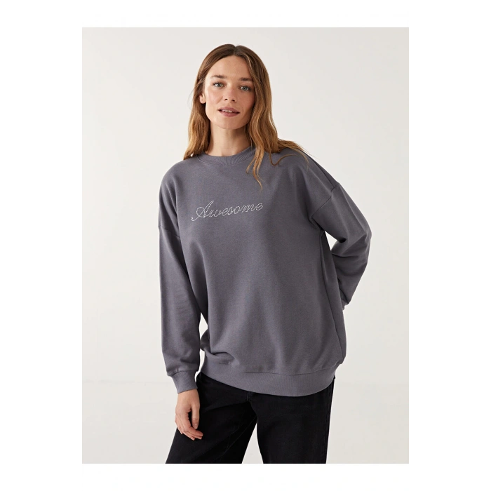 LCWK Bisiklet Yaka Taş Baskılı Oversize Kadın Sweatshirt Tunik
