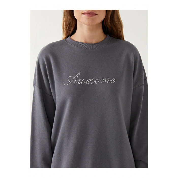 LCWK Bisiklet Yaka Taş Baskılı Oversize Kadın Sweatshirt Tunik