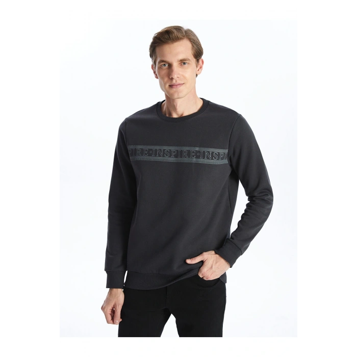 Lcwk Bisiklet Yaka Uzun Kollu Baskılı Erkek Kalın Sweatshirt