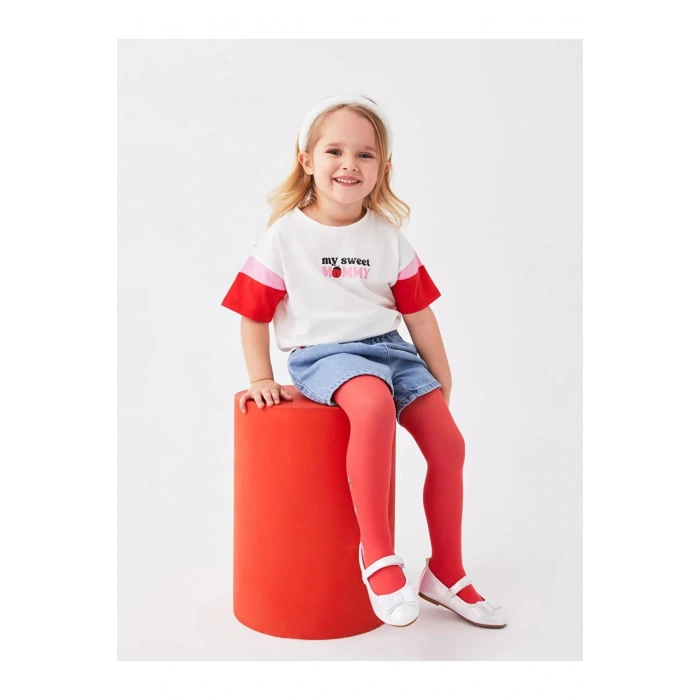 Linalin by Pelin Akil Ekru Bisiklet Yaka Kısa Kollu Baskılı Kız Bebek Tişört Anne Kız Kombini