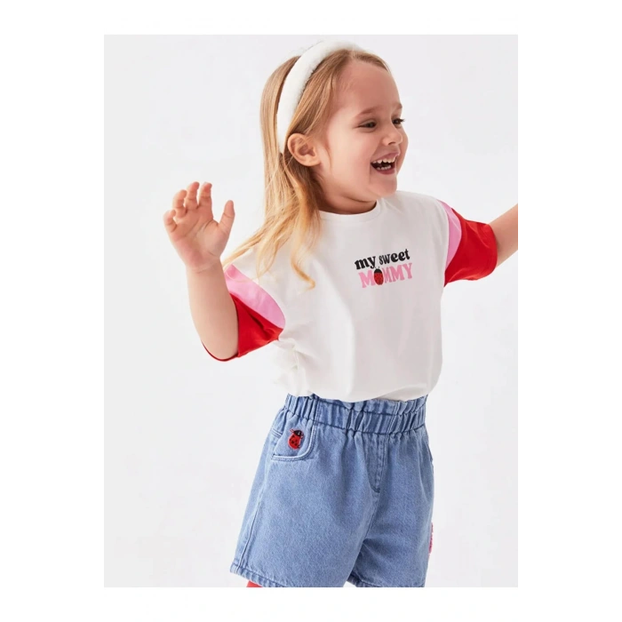 Linalin by Pelin Akil Ekru Bisiklet Yaka Kısa Kollu Baskılı Kız Bebek Tişört Anne Kız Kombini