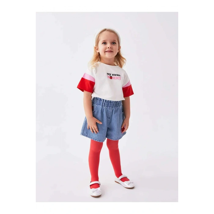 Linalin by Pelin Akil Ekru Bisiklet Yaka Kısa Kollu Baskılı Kız Bebek Tişört Anne Kız Kombini