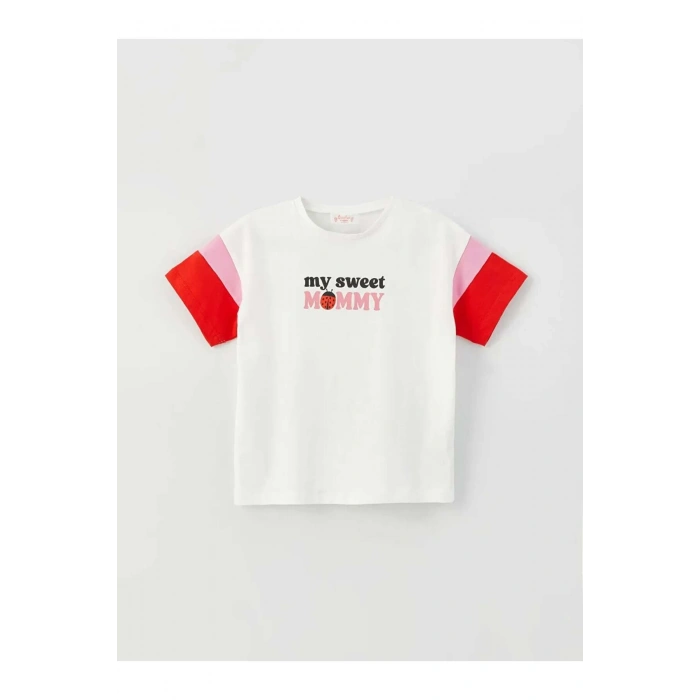 Linalin by Pelin Akil Ekru Bisiklet Yaka Kısa Kollu Baskılı Kız Bebek Tişört Anne Kız Kombini