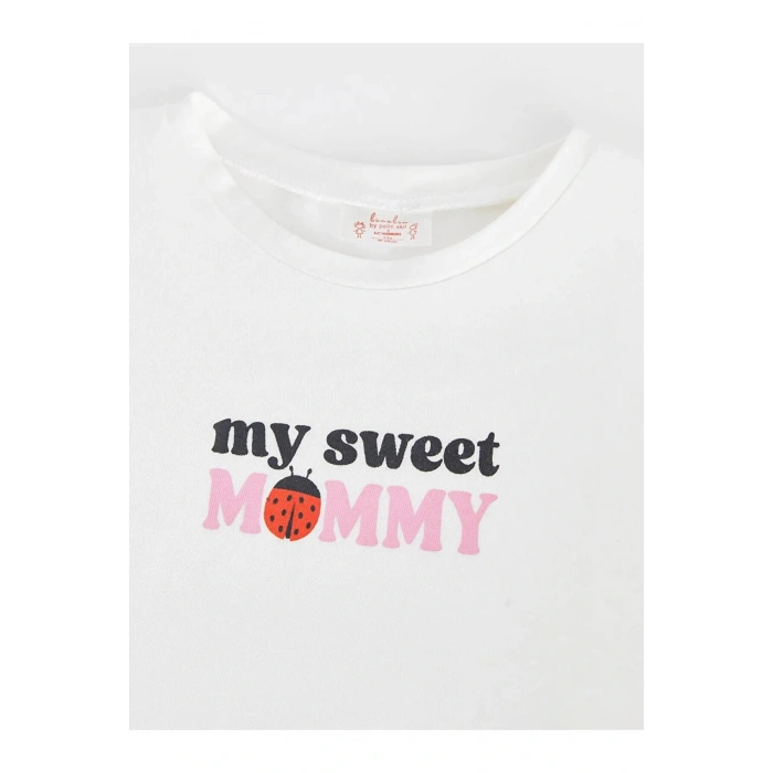 Linalin by Pelin Akil Ekru Bisiklet Yaka Kısa Kollu Baskılı Kız Bebek Tişört Anne Kız Kombini