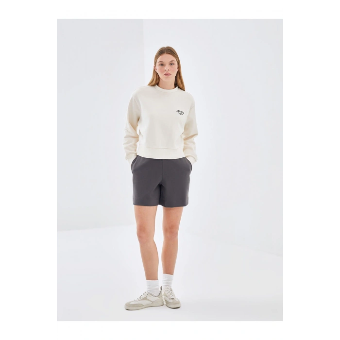 Lw - Bisiklet Yaka Baskılı Oversize Kadın Kalın Sweatshirt